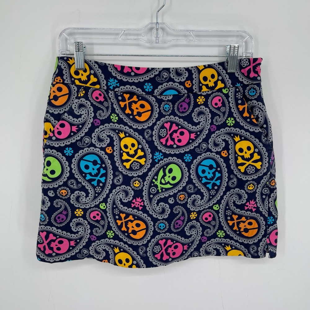 Loudmouth Women's Navy Skull Crossbones Paisley Stretch Golf Skort Skirt‎ Size 4